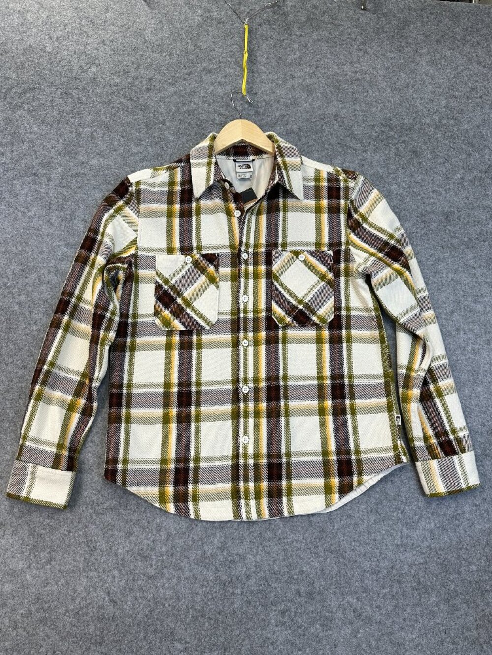 The North Face Valley Twill Flannel Shirt Mens M Olive Yellow White Plaid NWT